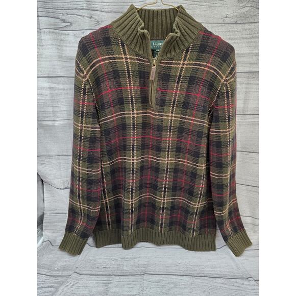 Ralph Lauren Womens Cable Knit Pullover Zip Sweater, Size Medium Olive Plaid - Picture 1 of 10